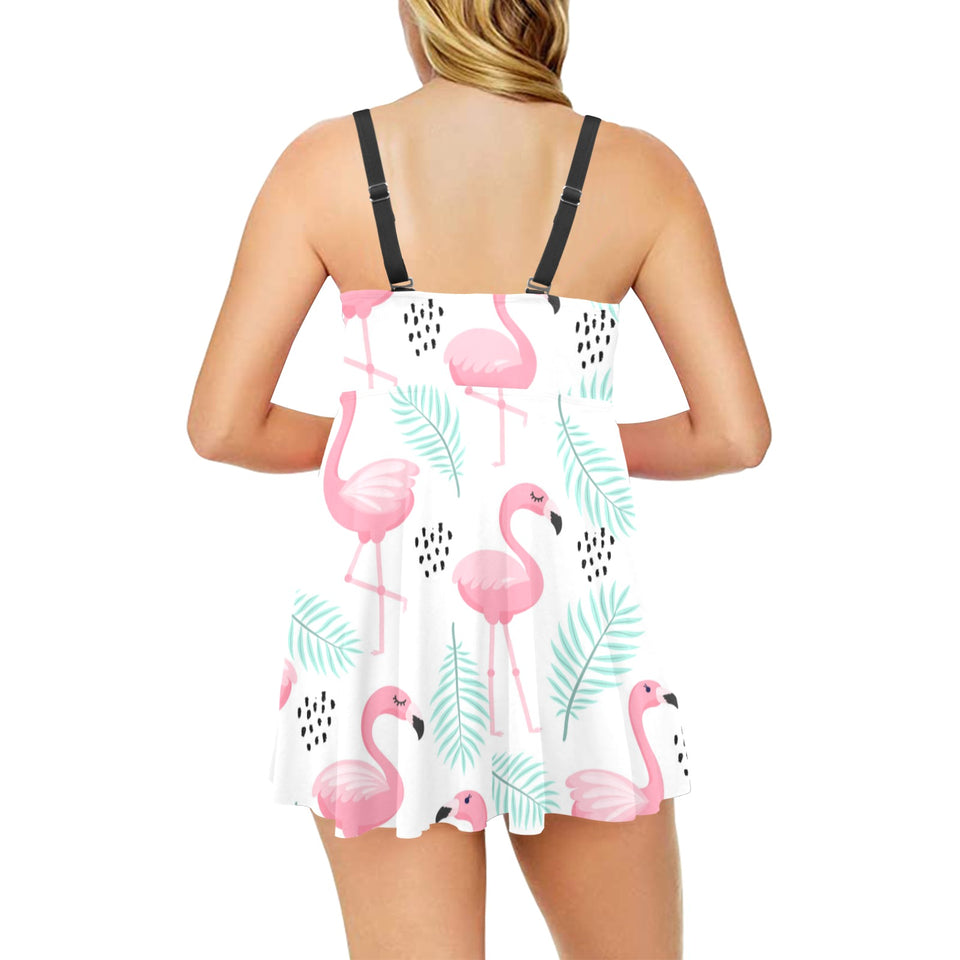 Cute flamingo pattern Chest Sexy Pleated Two Piece Swim Dress