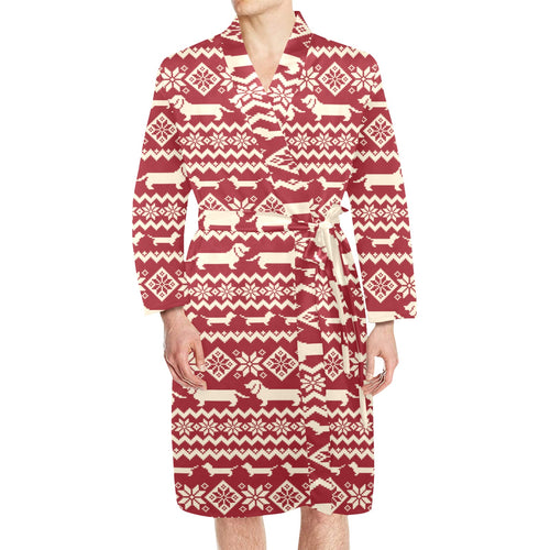 Dachshund Nordic pattern Men's Long Sleeve Belted Night Robe
