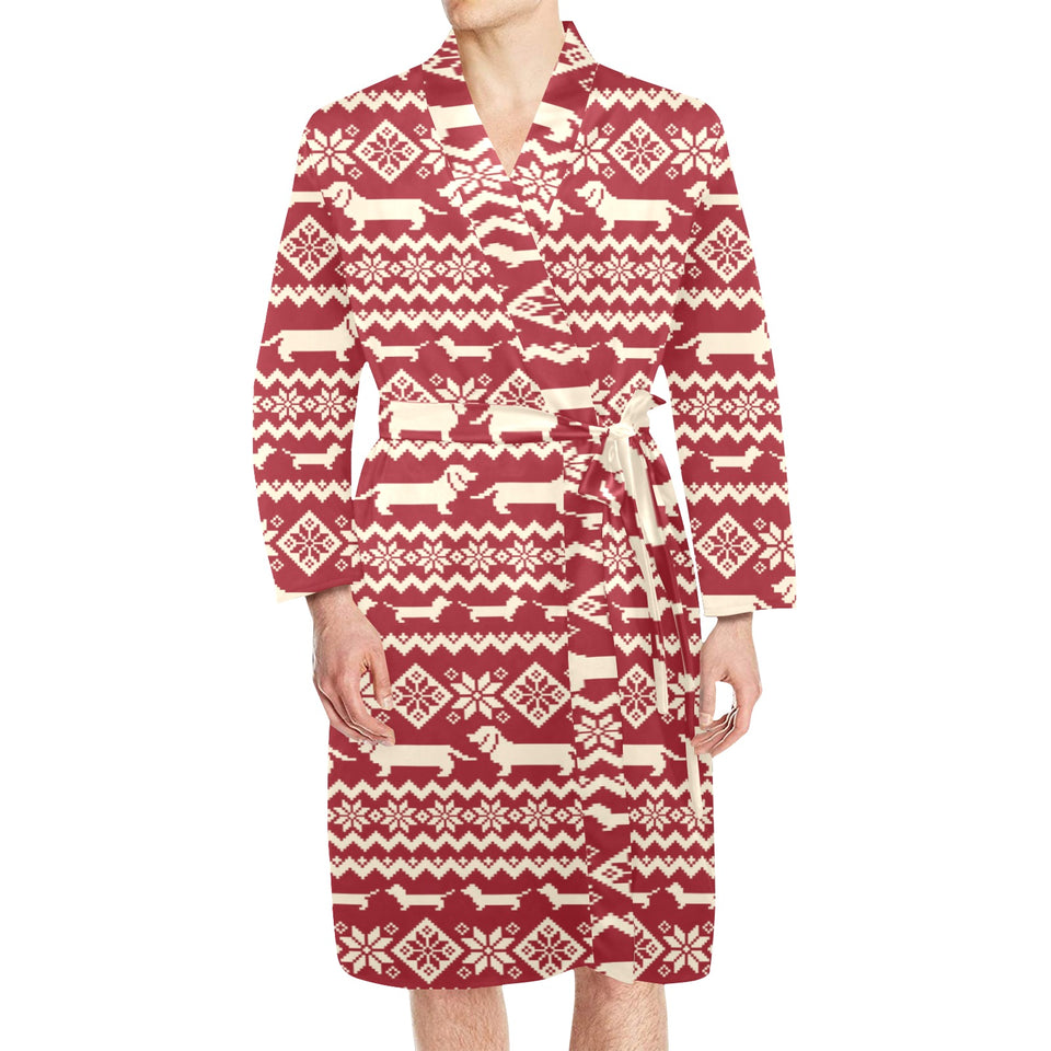 Dachshund Nordic pattern Men's Long Sleeve Belted Night Robe