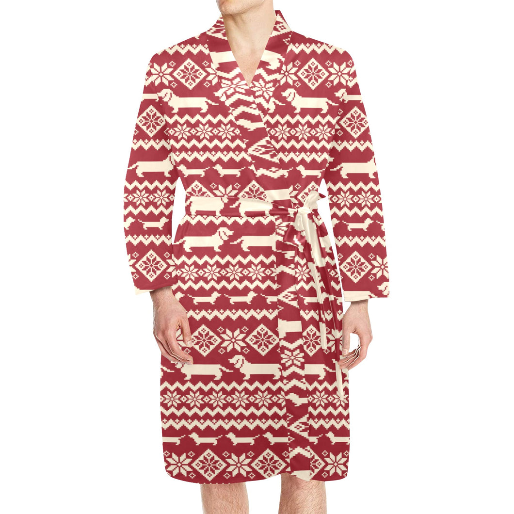 Dachshund Nordic pattern Men's Long Sleeve Belted Night Robe