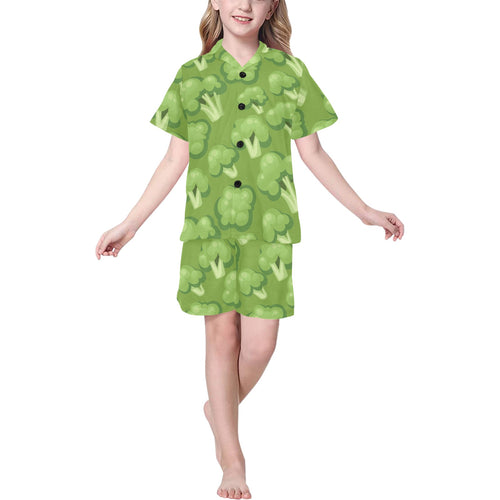 Broccoli pattern green background Kids' Boys' Girls' V-Neck Short Pajama Set