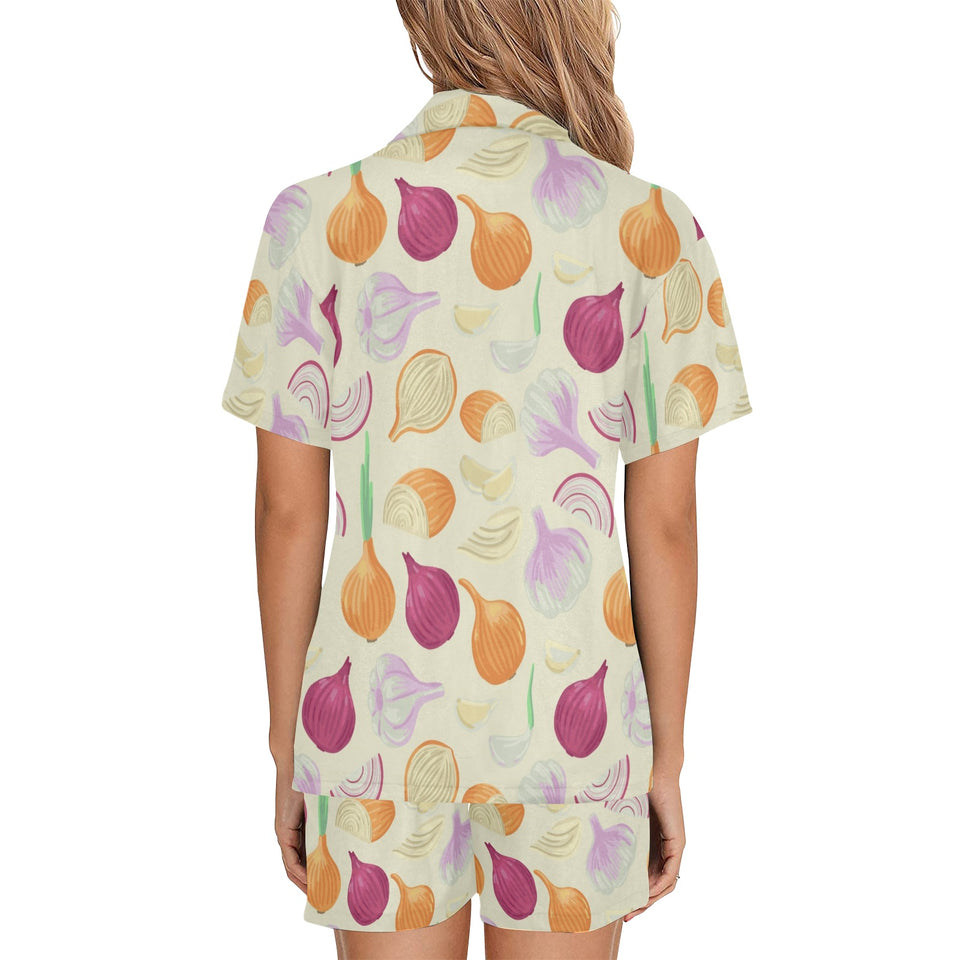 Onion garlic white red pattern Women's V-Neck Short Pajama Set
