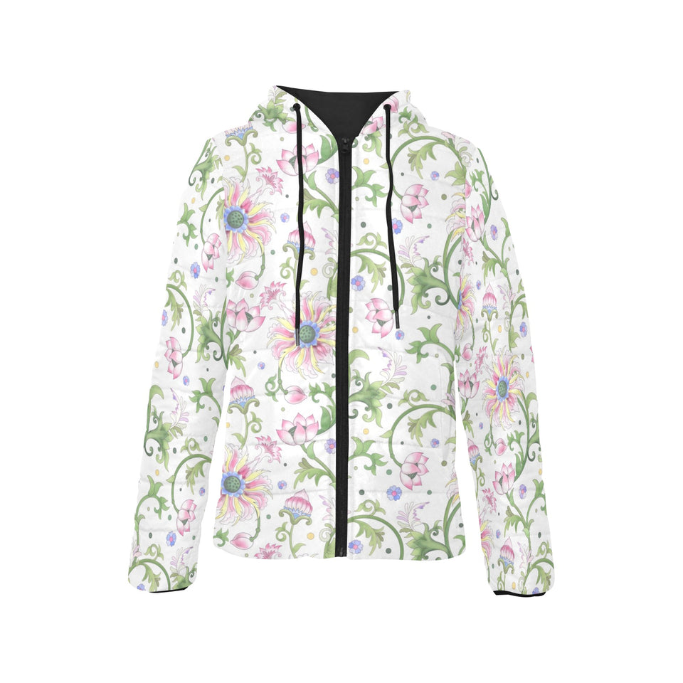 Beautiful pink lotus waterlily leaves pattern Women's Padded Hooded Jacket