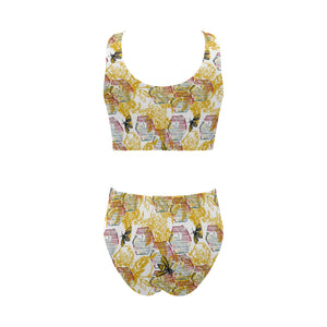 Cool Bee honeycomb leaves pattern Chest Bowknot High Waisted Bikini Swimsuit
