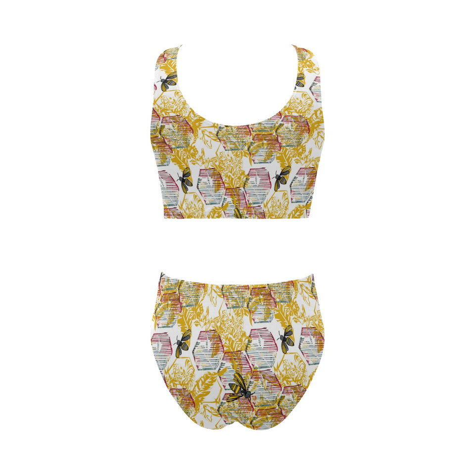 Cool Bee honeycomb leaves pattern Chest Bowknot High Waisted Bikini Swimsuit