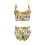 Cool Bee honeycomb leaves pattern Chest Bowknot High Waisted Bikini Swimsuit