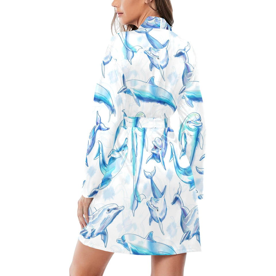Watercolor dolphin pattern Women's Long Sleeve Belted Night Robe