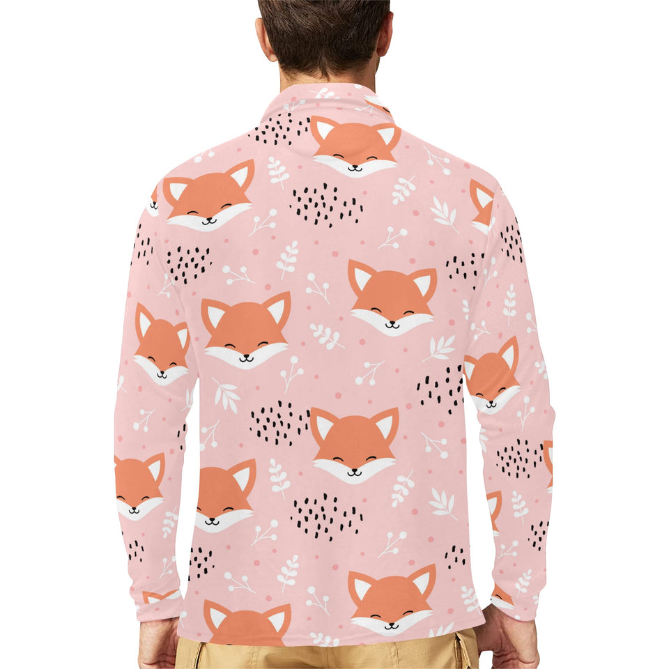 Cute fox pattern pink background Men's Long Sleeve Polo Shirt
