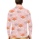 Cute fox pattern pink background Men's Long Sleeve Polo Shirt