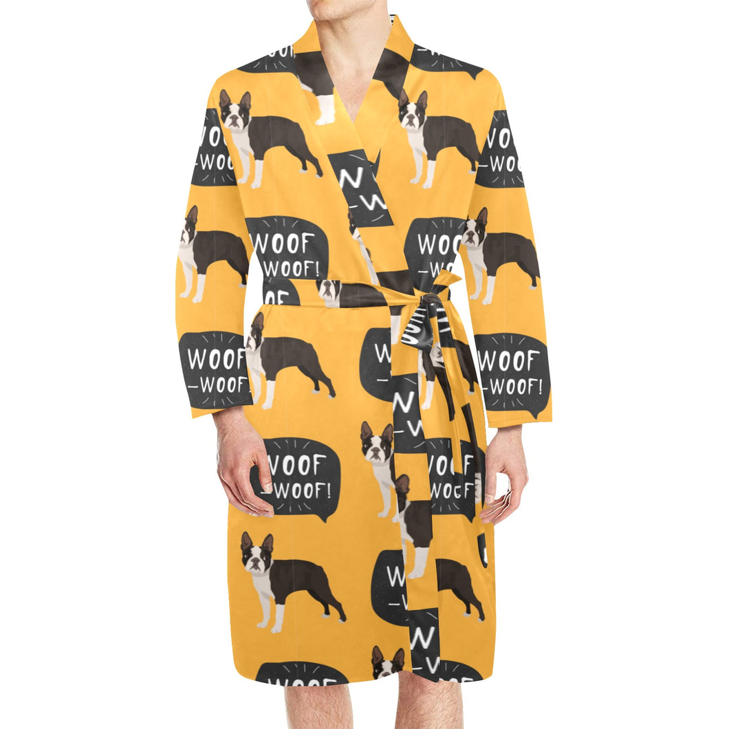 Boston terrier design pattern Men's Long Sleeve Belted Night Robe