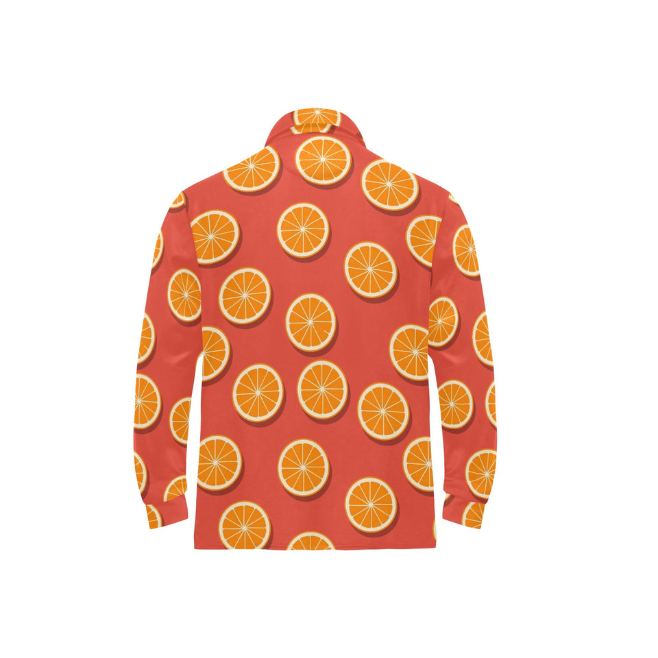 Oranges pattern red background Men's Long Sleeve Polo Shirt