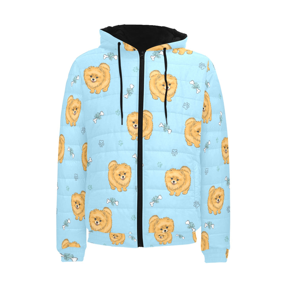 Brown cute pomeranian blue blackground Men's Padded Hooded Jacket