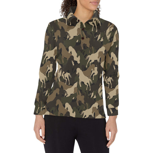 Horse Camouflage Pattern Women's Long Sleeve Polo Shirt