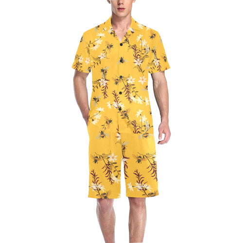 Bee flower pattern Men's V-Neck Short Pajama Set