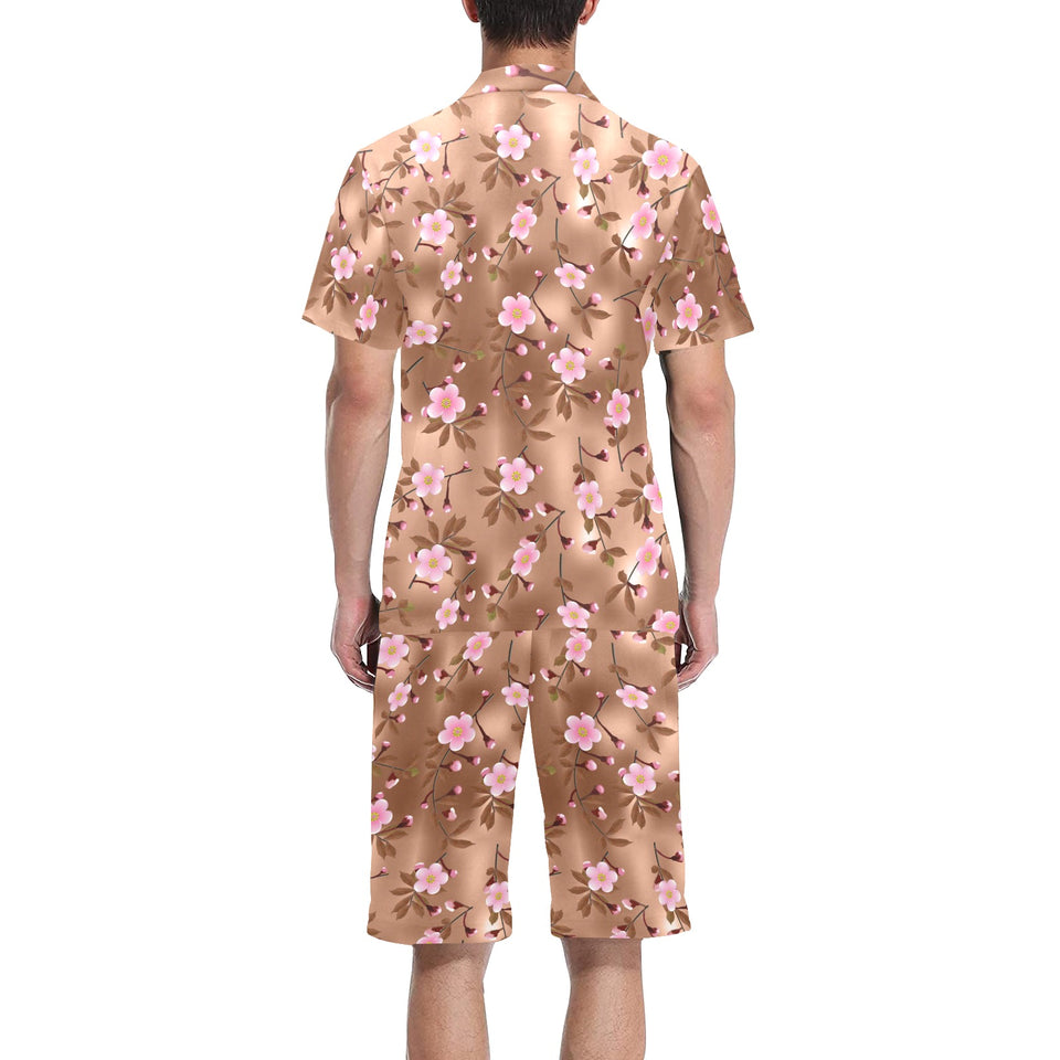 Pink sakura cherry blossom drak brown background Men's V-Neck Short Pajama Set