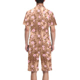 Pink sakura cherry blossom drak brown background Men's V-Neck Short Pajama Set