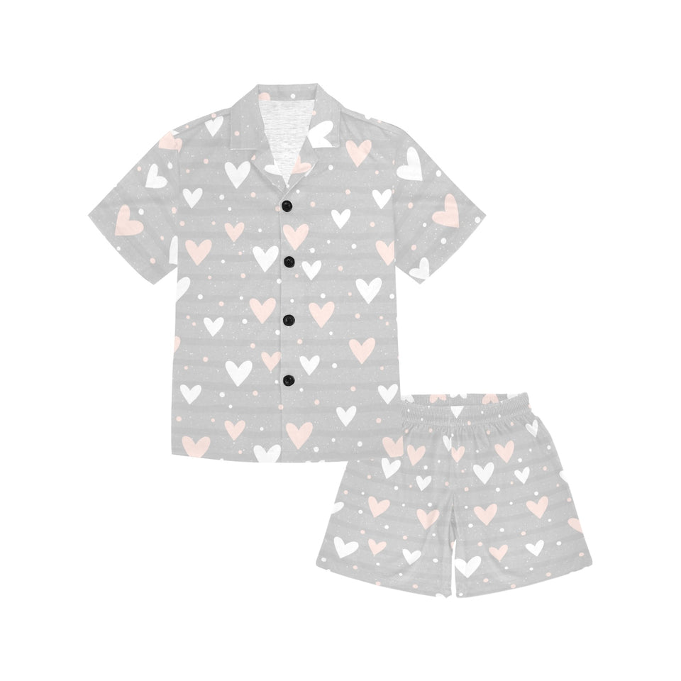 Heart pattern gray background Kids' Boys' Girls' V-Neck Short Pajama Set