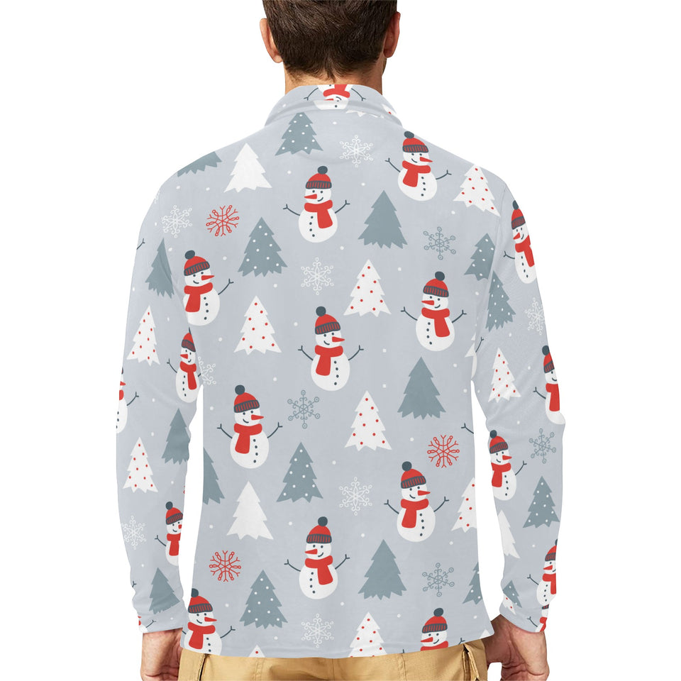 Snowman christmas tree snow gray background Men's Long Sleeve Polo Shirt