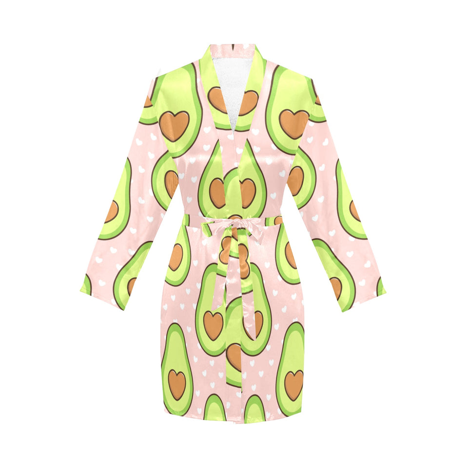 Avocado heart pink background Women's Long Sleeve Belted Night Robe