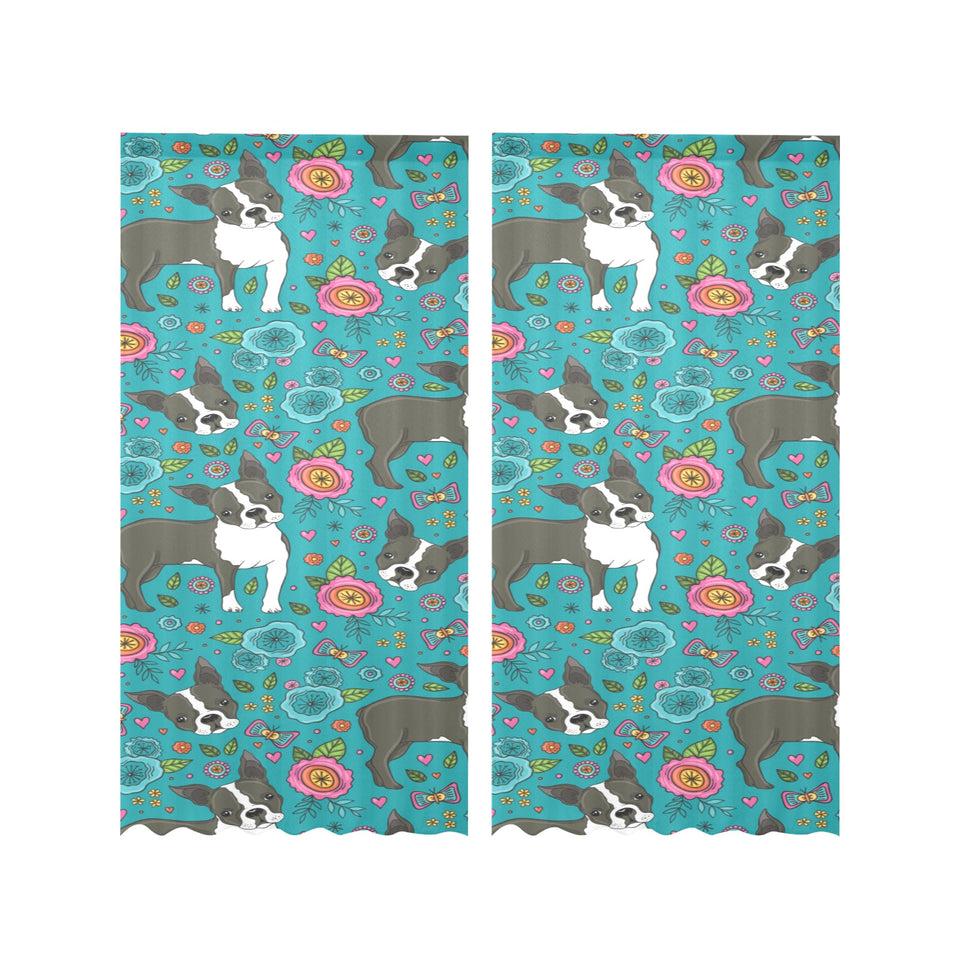Boston terrier beautiful flower pattern Gauze Curtain