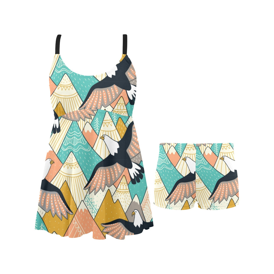 Eagle Pattern Print Design 02 Chest Sexy Pleated Two Piece Swim Dress