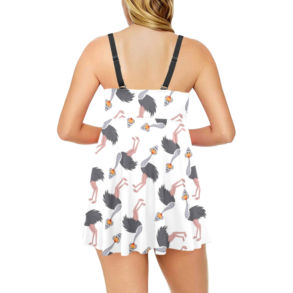 Ostrich Pattern Print Design 02 Chest Sexy Pleated Two Piece Swim Dress