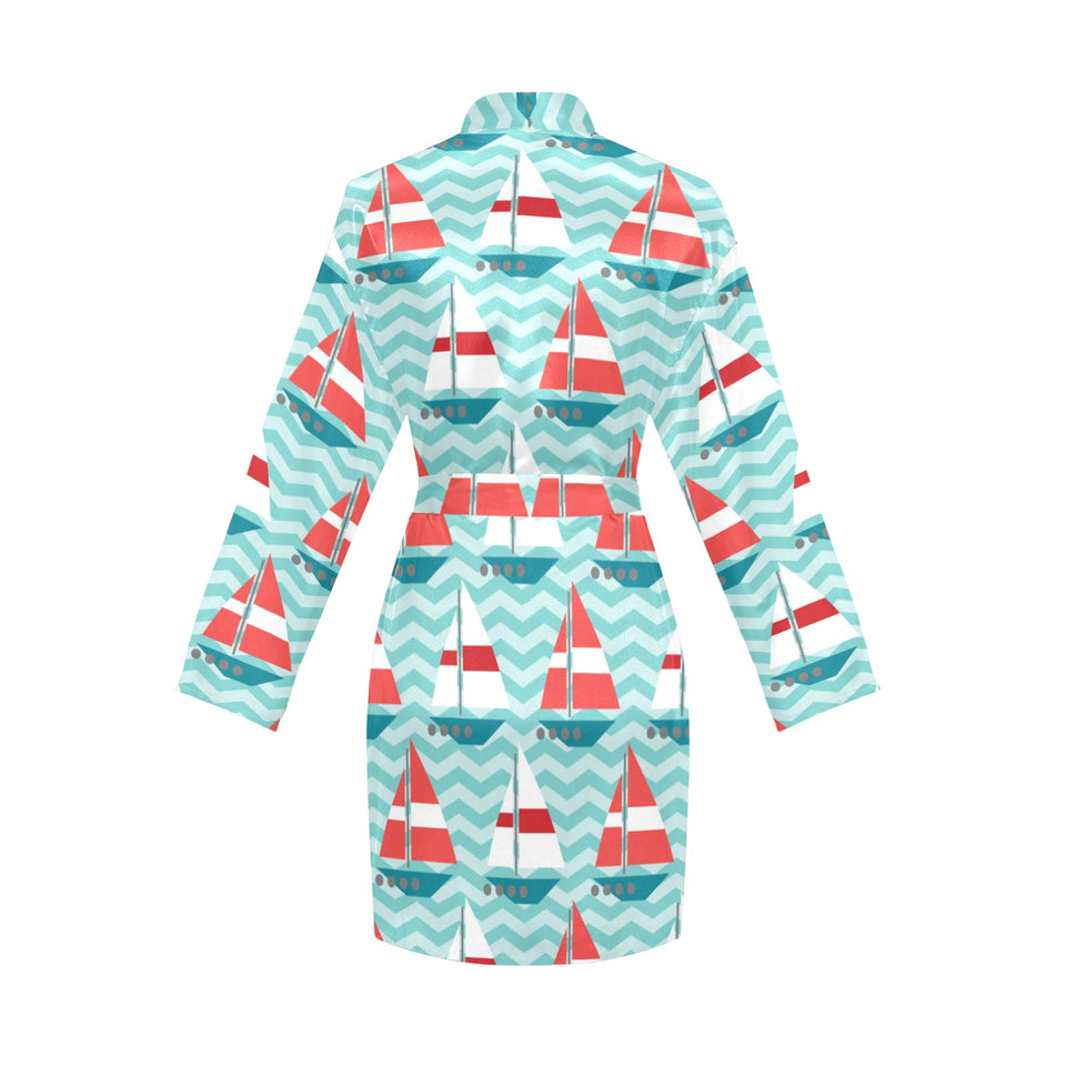Red White sailboat wave background Women's Long Sleeve Belted Night Robe
