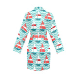 Red White sailboat wave background Women's Long Sleeve Belted Night Robe