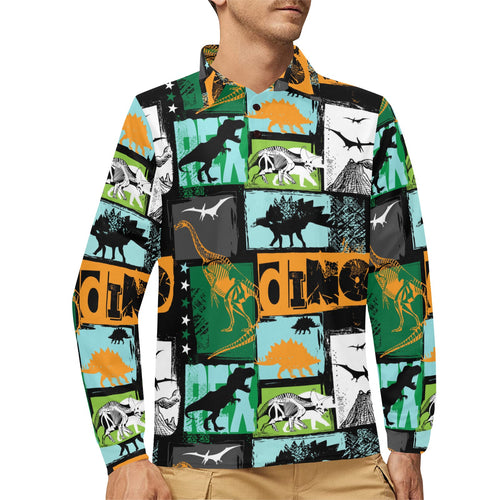 dinosaurs print pattern Men's Long Sleeve Polo Shirt
