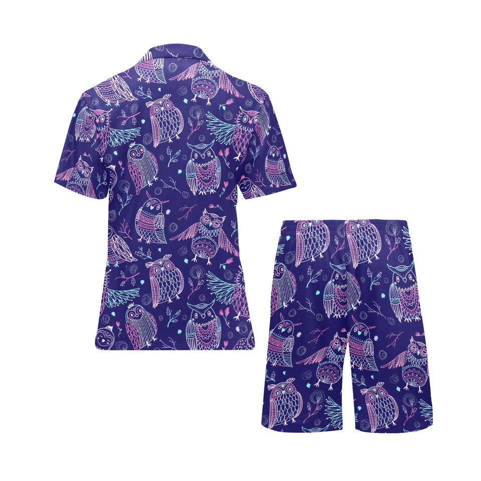 Cute owls pattern boho style ornament Men's V-Neck Short Pajama Set