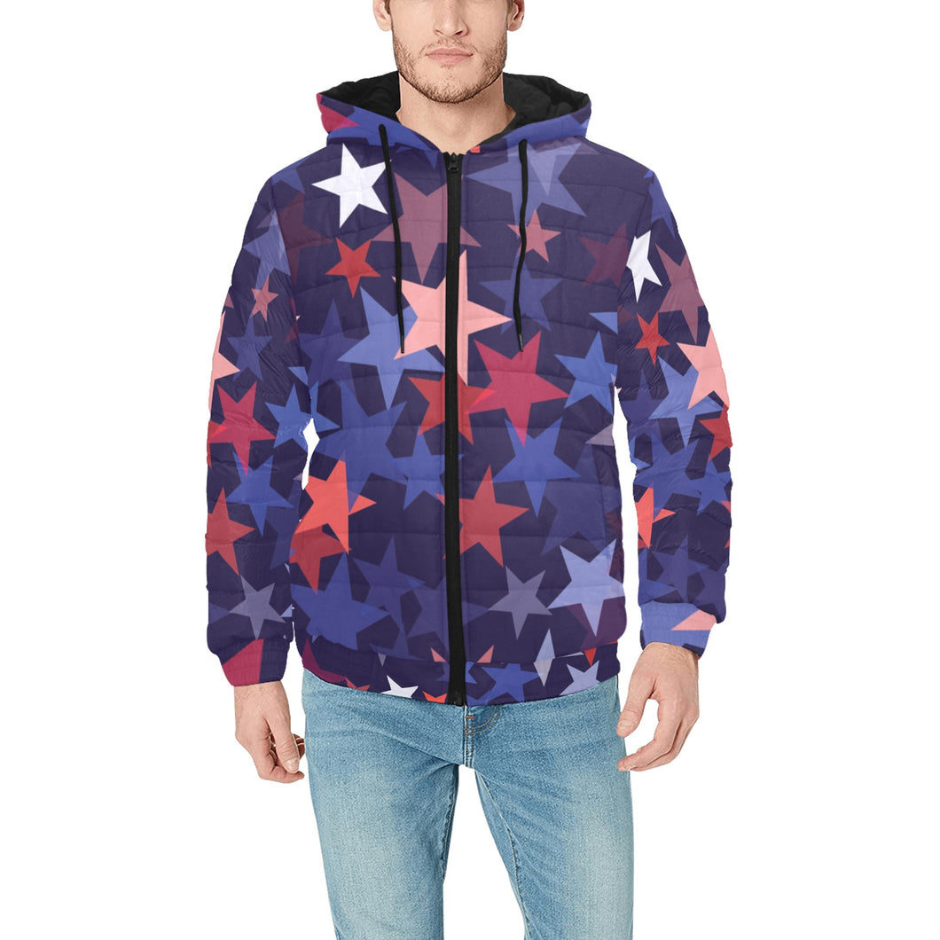 Red blue star pattern Men's Padded Hooded Jacket