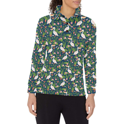 Pelican Pattern Print Design 05 Women's Long Sleeve Polo Shirt