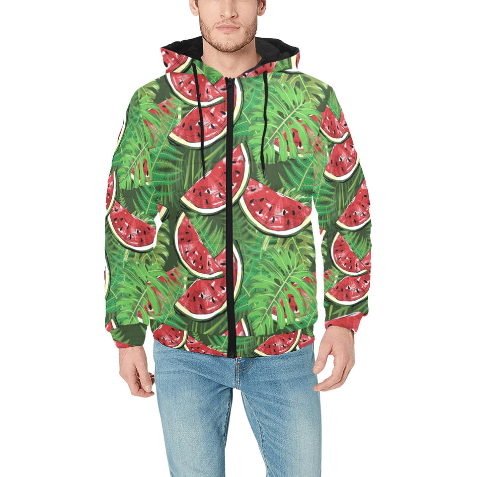 Watermelons tropical palm leaves pattern backgroun Men's Padded Hooded Jacket
