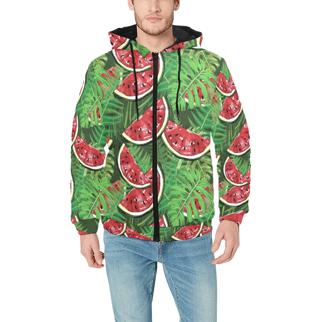 Watermelons tropical palm leaves pattern backgroun Men's Padded Hooded Jacket