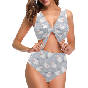 Sweet dreams sheep pattern Chest Bowknot High Waisted Bikini Swimsuit