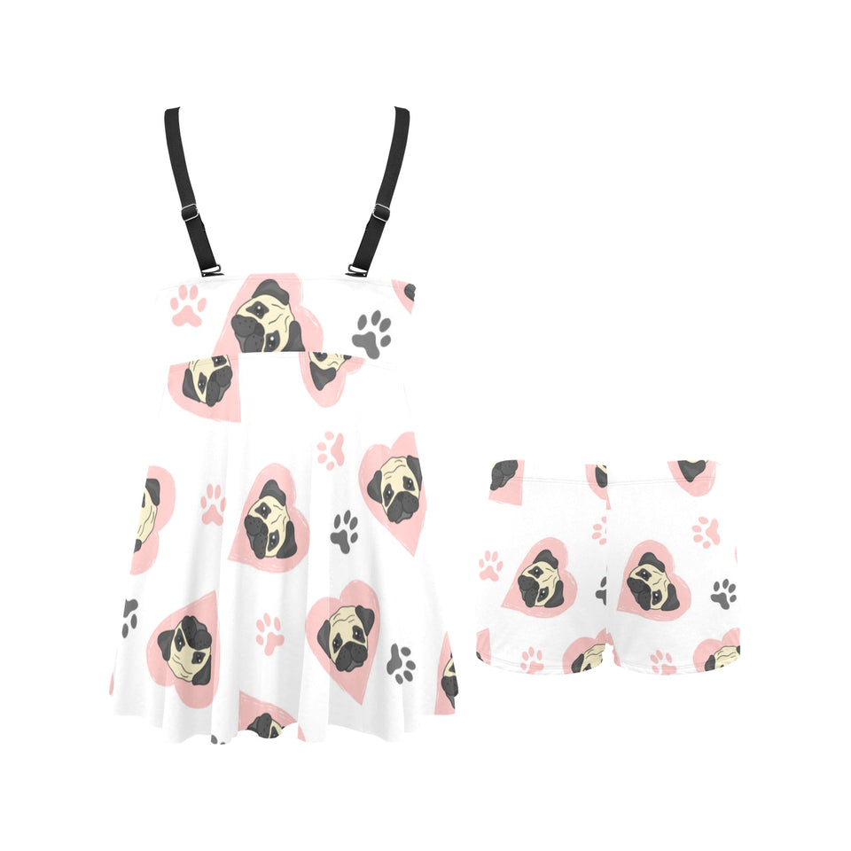 Cute pugs pink heart paw pattern Chest Sexy Pleated Two Piece Swim Dress