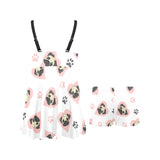Cute pugs pink heart paw pattern Chest Sexy Pleated Two Piece Swim Dress