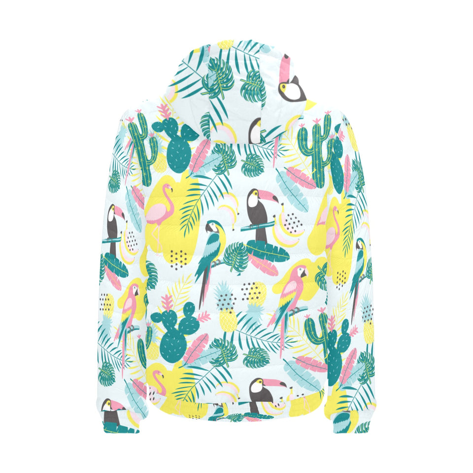 Cute parrot toucan flamingo cactus exotic leaves p Men's Padded Hooded Jacket