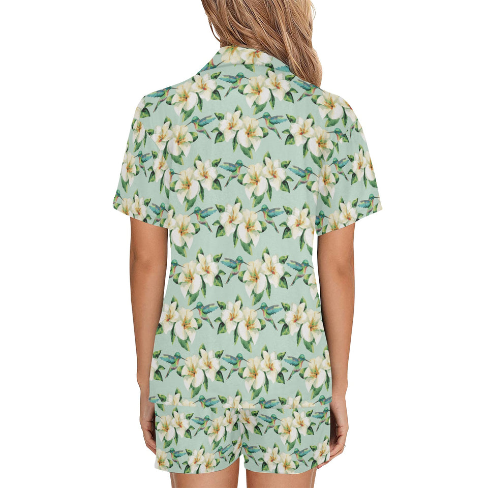 Hummingbird Pattern Print Design 01 Women's V-Neck Short Pajama Set