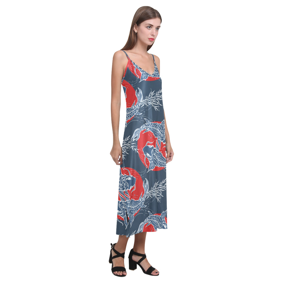 Fancy Carps hand drawn japanese art V-Neck Open Fork Long Dress