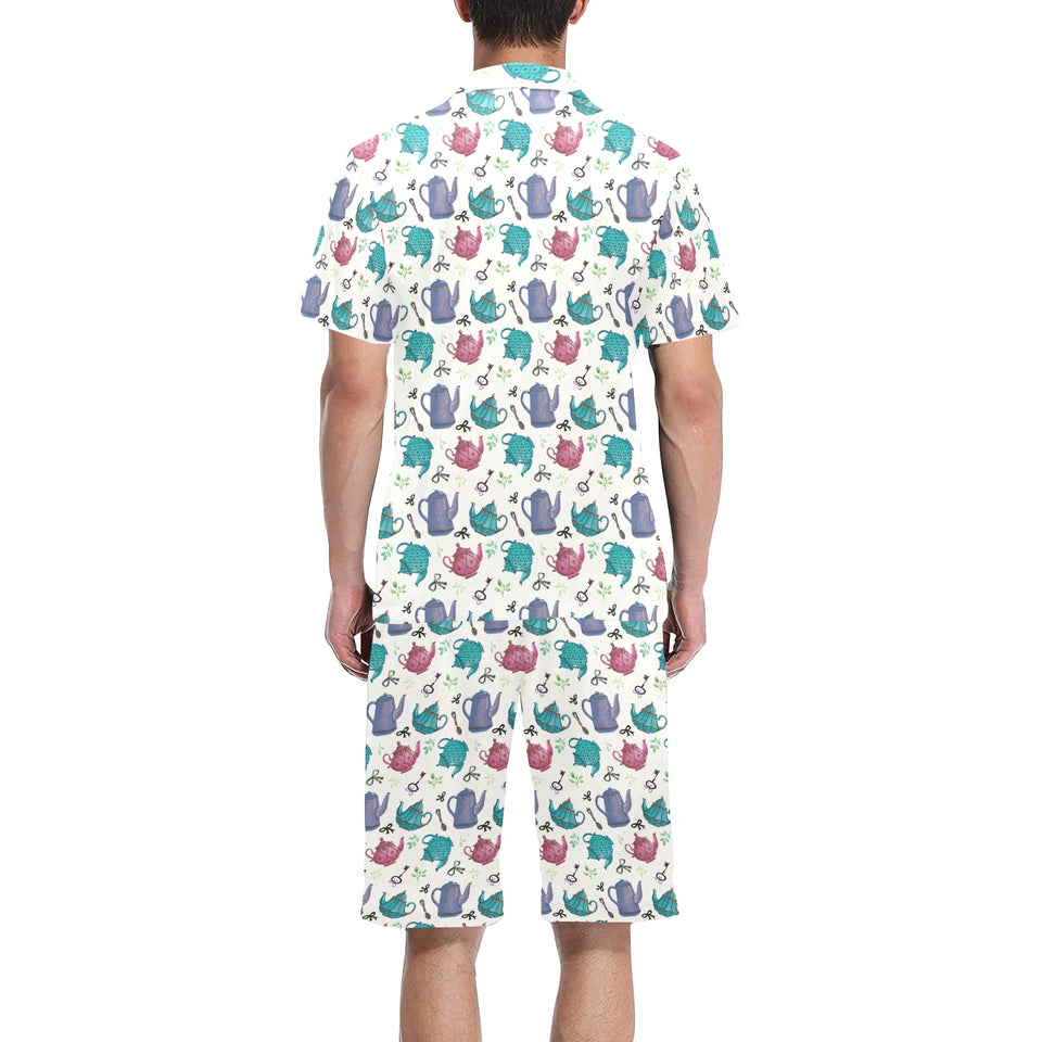 Tea pots Pattern Print Design 05 Men's V-Neck Short Pajama Set