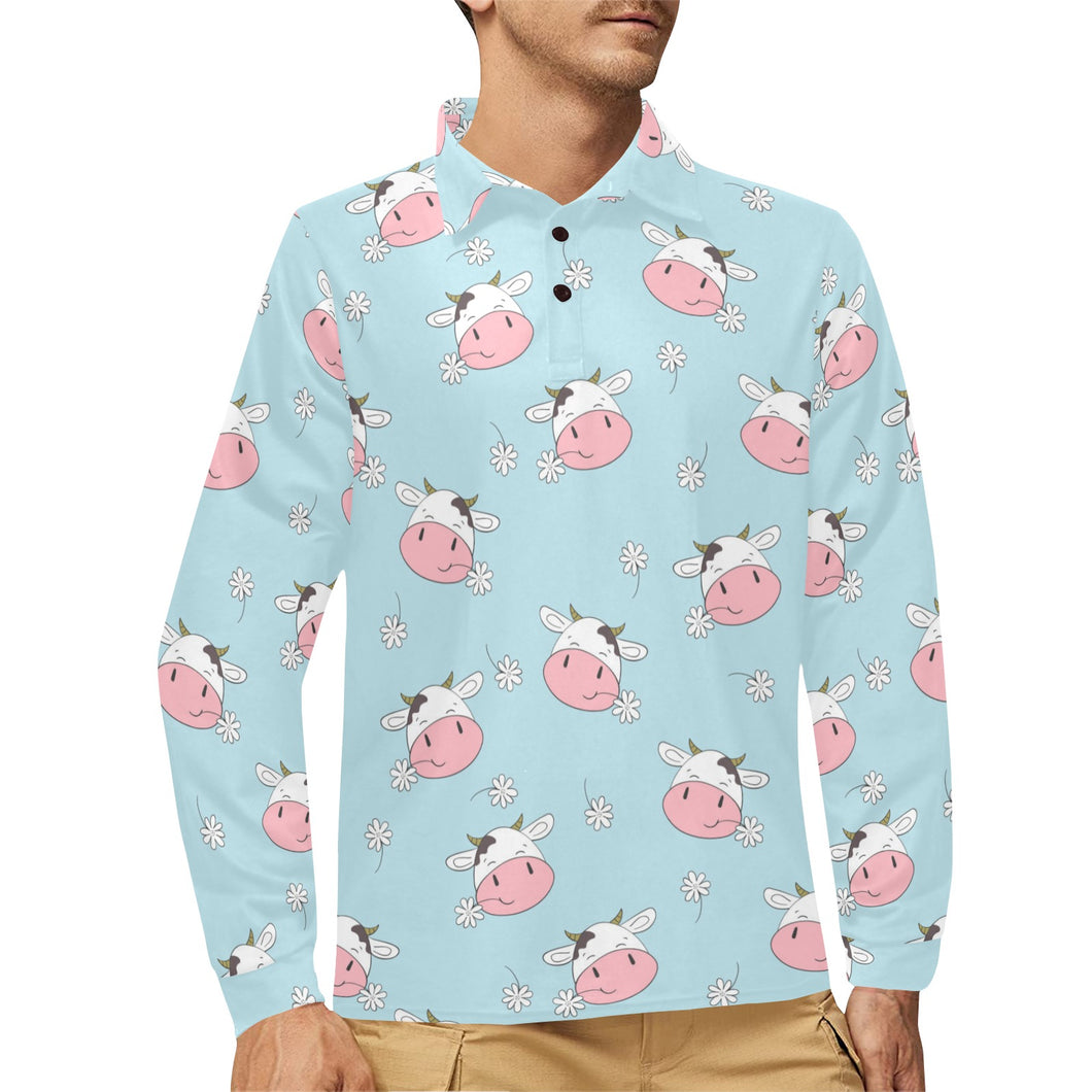 Cute cow flower pattern Men's Long Sleeve Polo Shirt