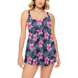 Hibiscus Pattern Print Design 05 Chest Sexy Pleated Two Piece Swim Dress