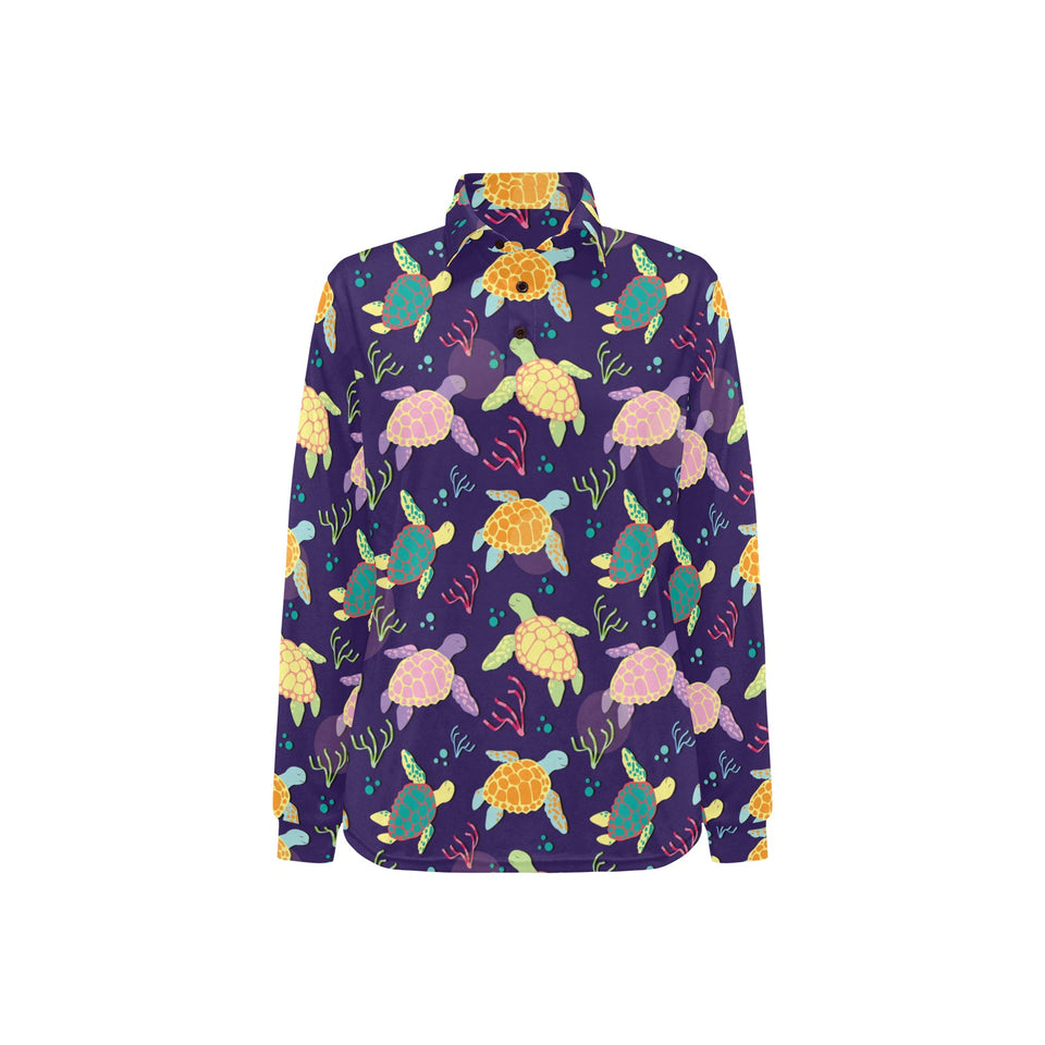 Colorful sea turtle pattern Women's Long Sleeve Polo Shirt