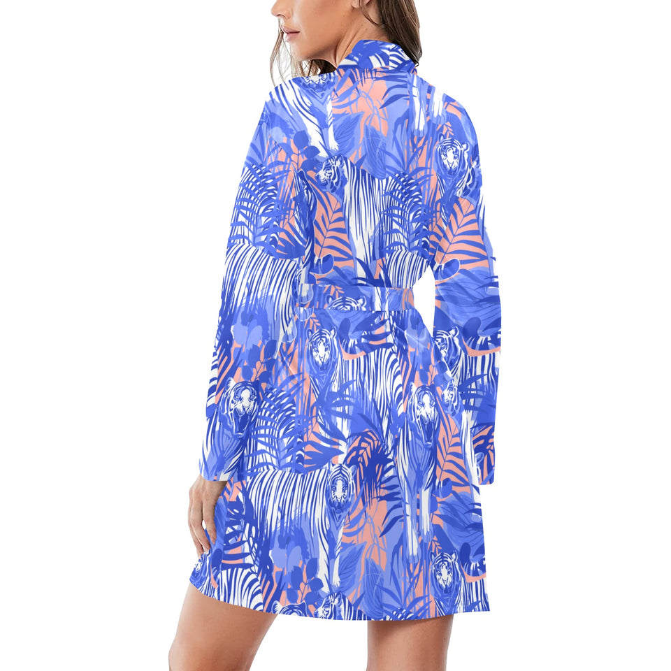 white bengal tigers pattern Women's Long Sleeve Belted Night Robe