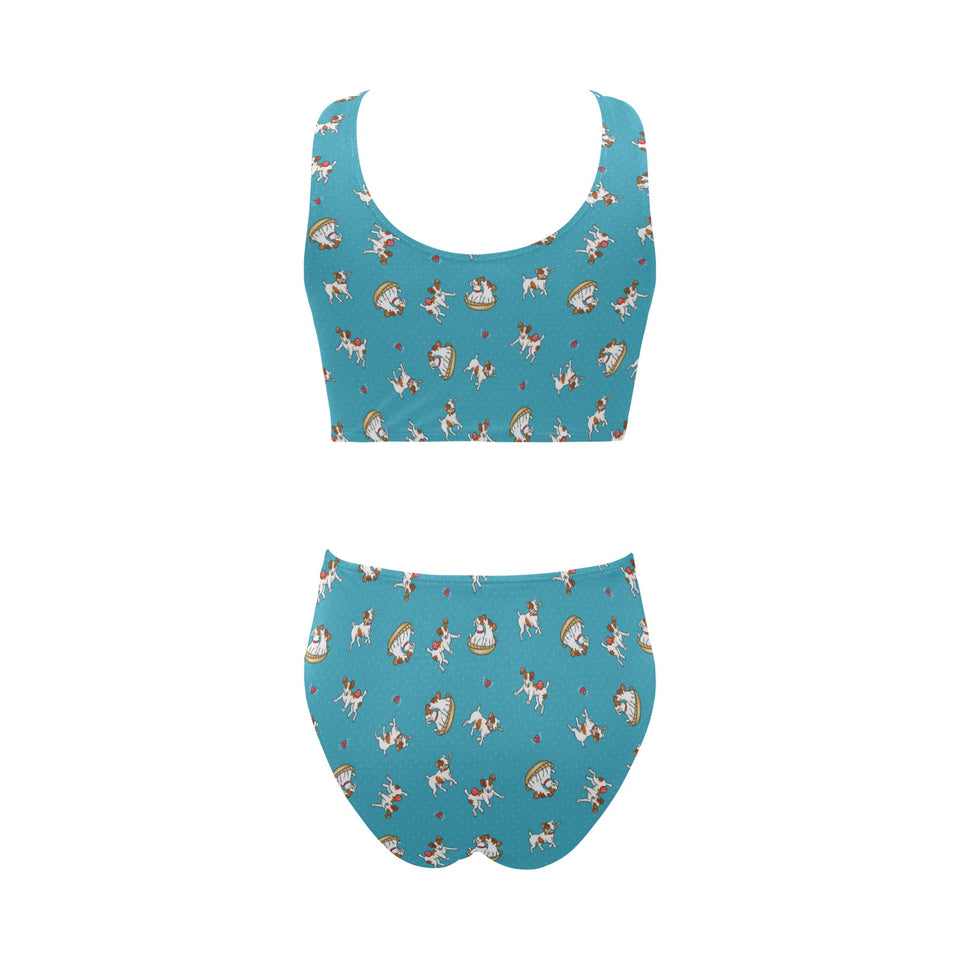 Jack Russel Pattern Print Design 03 Chest Bowknot High Waisted Bikini Swimsuit