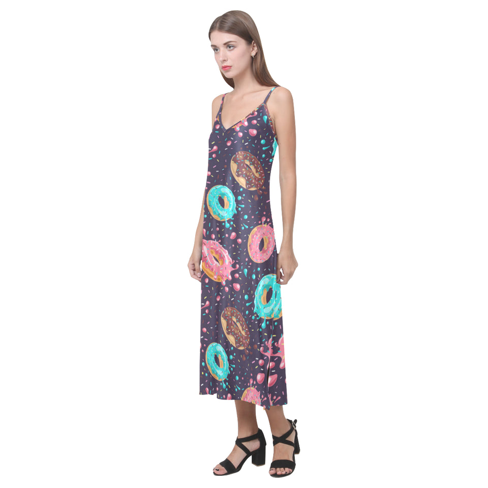Colorful donut glaze pattern V-Neck Open Fork Long Dress