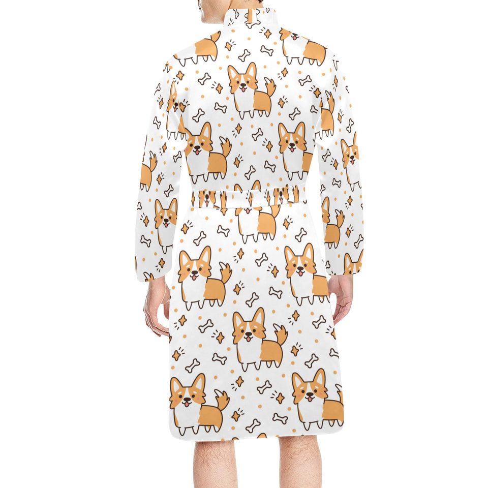 Cute corgi heart star bone pattern Men's Long Sleeve Belted Night Robe