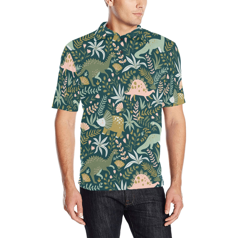 dinosaurs tropical leaves flower pattern Men's All Over Print Polo Shirt