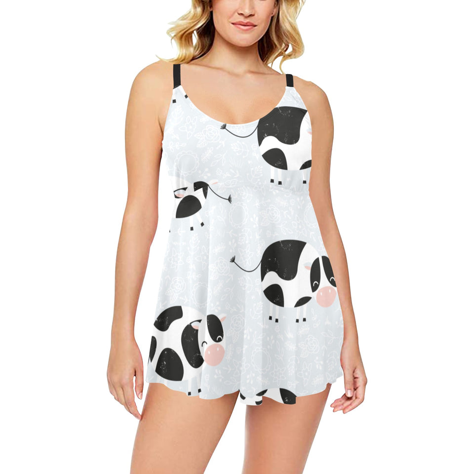 Cute cows pattern Chest Sexy Pleated Two Piece Swim Dress